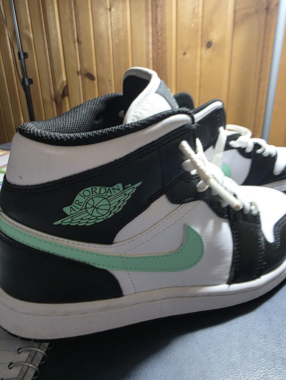 Jordan 1 Mid  "Green Glow" Sneakers in Black, White & Mint Size 8.5m.